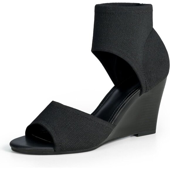 Black Fabric Wedge Sandals Elastic Knit Peep Toe Heels Sandals for Women Dressy - Picture 1 of 12